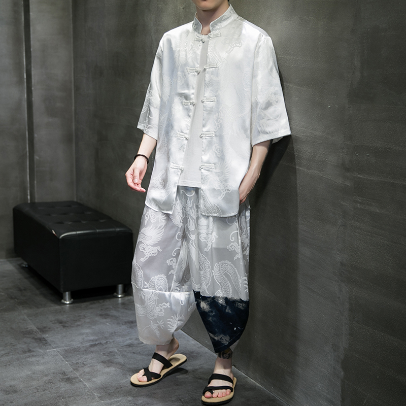 夏季薄款冰丝休闲唐装套装中国风宽松大码盘扣茶服衬衫中式男短袖
