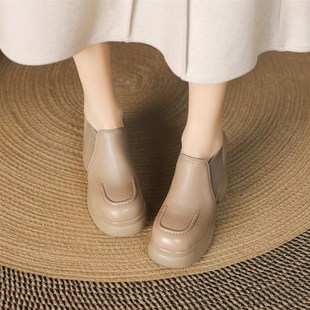 显瘦复古坡跟圆头真皮杏色懒人单鞋 厚底单鞋 女超高跟防水台小皮鞋