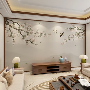 海棠花鸟壁纸新中式墙布电视背景墙壁画客厅沙发影视壁布卧室墙纸
