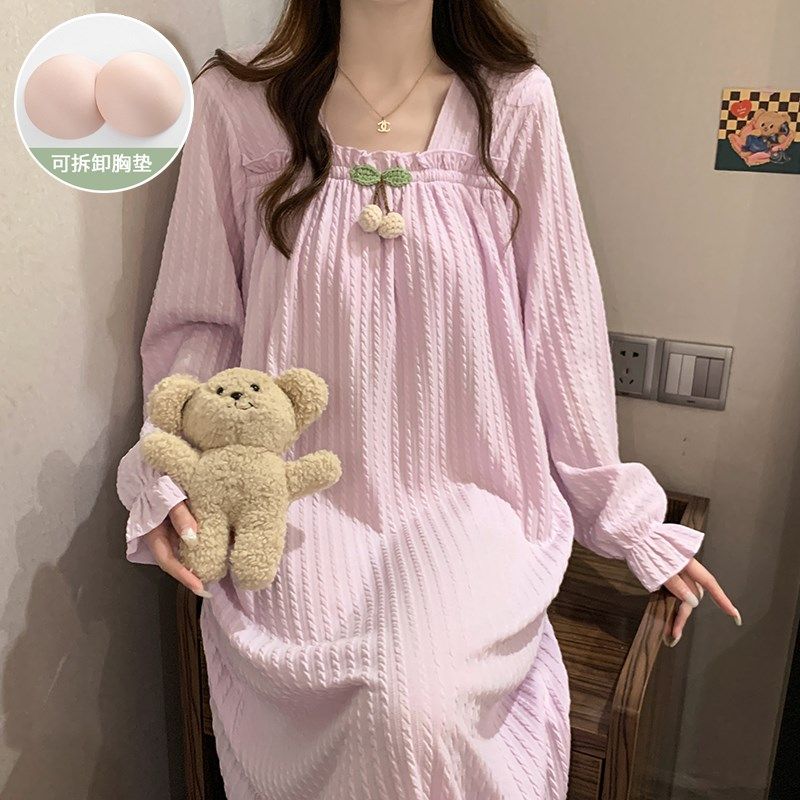 睡裙女款春秋季2025新款长袖大码200斤带胸垫甜美公主风睡衣