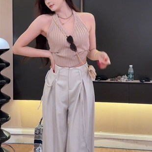 女夏季 裤 薄款 高腰垂感宽松亚麻西装 冰丝2z024新款 白色棉麻阔腿裤