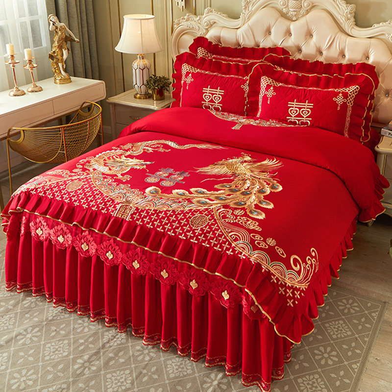 中式婚嫁全棉婚庆大红四件套床裙款刺绣花喜被套结婚床上用品,床上用品,婚庆床品套件,淘宝优惠券,粉丝福利购,淘宝优惠卷