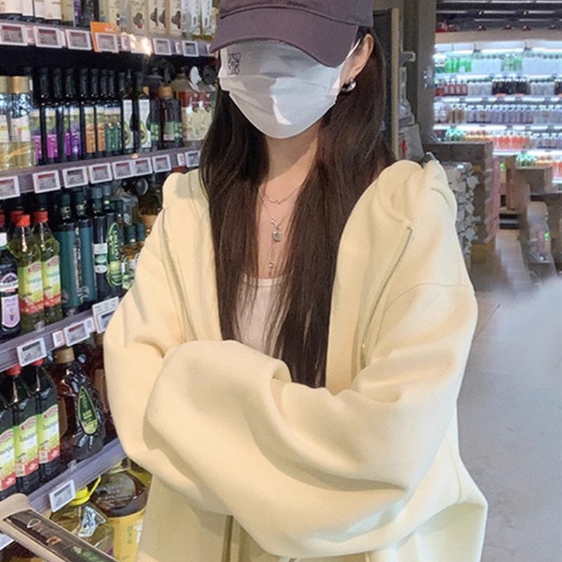 灰色连帽卫衣女春秋薄款2023新款爆款小个子宽松慵懒拉链开衫外套