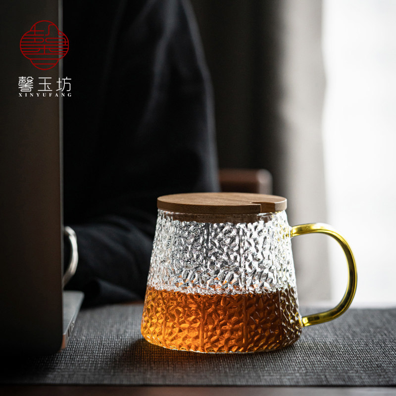 锤纹日式玻璃杯耐热水杯子带盖带勺子咖啡杯花茶杯果汁杯女家用