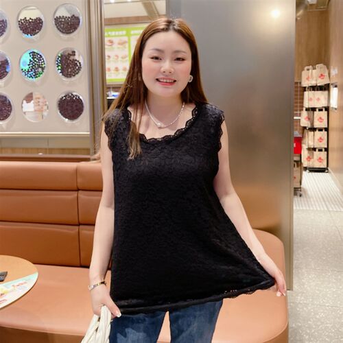 甜觅大码女装2023夏装胖mm300斤淑女中长款打底W背心蕾丝衫DF