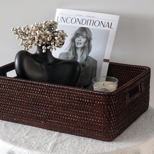 手工藤编收纳筐深咖啡棕色桌面编织箱中古侘寂风美式浴室柜衣物篮