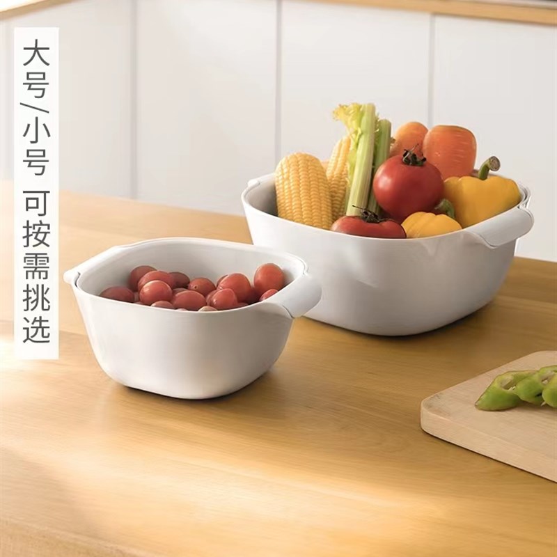双层沥水篮家用厨房洗菜盆过滤蓝带手柄洗水果蔬菜大号水槽滤水篮