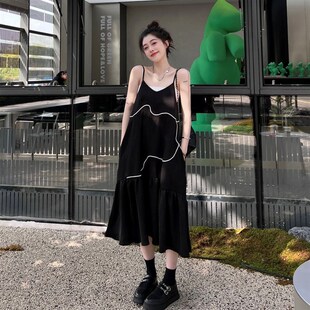 高级小众设计感孕妇装夏季气质孕妇黑色吊带V领无U袖连衣裙不规则