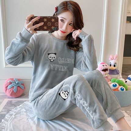 睡衣女秋冬季珊瑚绒加厚加绒套装法兰绒2024年新款毛毛可爱可外穿
