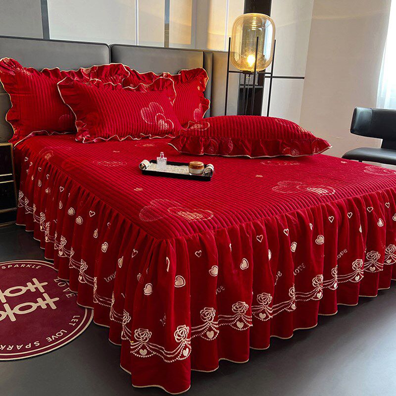 中式婚嫁喜庆全棉大红色四件套床裙款喜被套结婚四季床上用品,床上用品,婚庆床品套件,淘宝优惠券,粉丝福利购,淘宝优惠卷