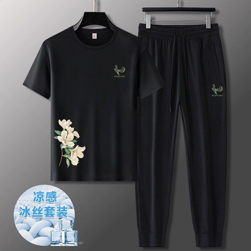 ~舒适凉感!冰丝短袖T恤束脚长裤男士夏季休闲时尚两件套