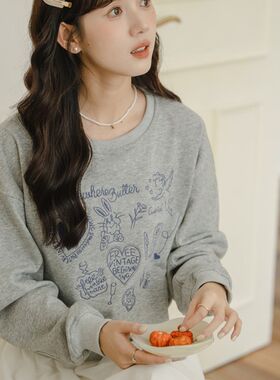 秋季爱心刺绣廓形感宽松显瘦圆领长袖短款灰色卫衣女套头慵懒上衣