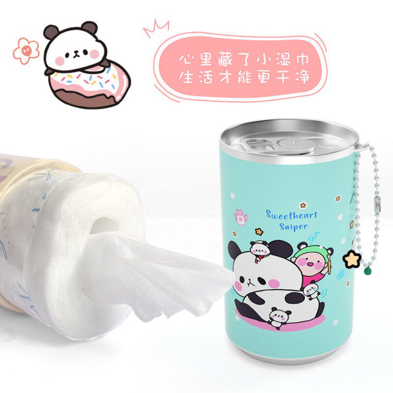 创意卡通小桶迷你湿巾便携式儿童桶装易拉可乐罐湿纸巾120抽旅行