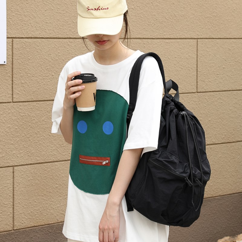 小众抽绳双肩包女韩版束口尼x龙帆布包大容量学生书包轻便旅行背