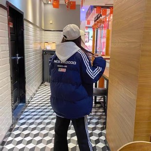 国潮美式条纹旗帜棉衣棉服女冬季2023新款学生加厚情侣面包服外套