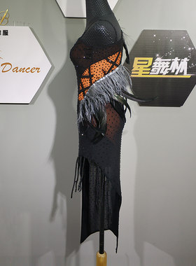 新款儿童拉丁舞服高档羽毛镶钻成人拉丁演出服专业拉丁舞花服比赛