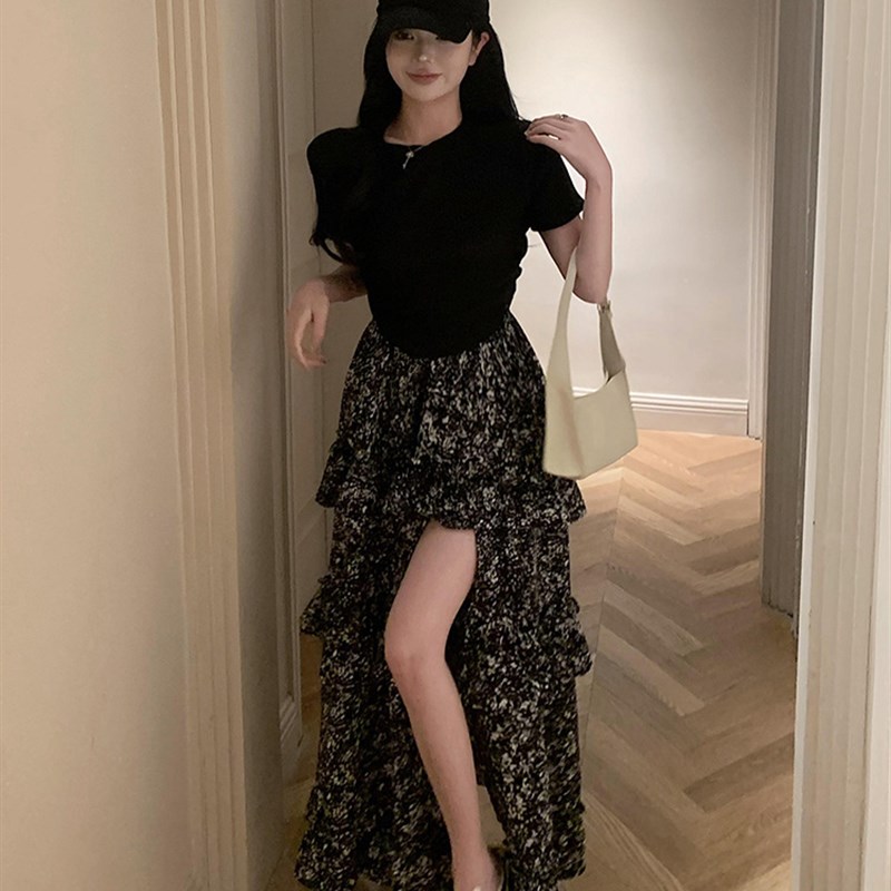 欧洲站新款纯欲风辣妹套装高级感黑色开叉碎花连衣裙两件套女夏季