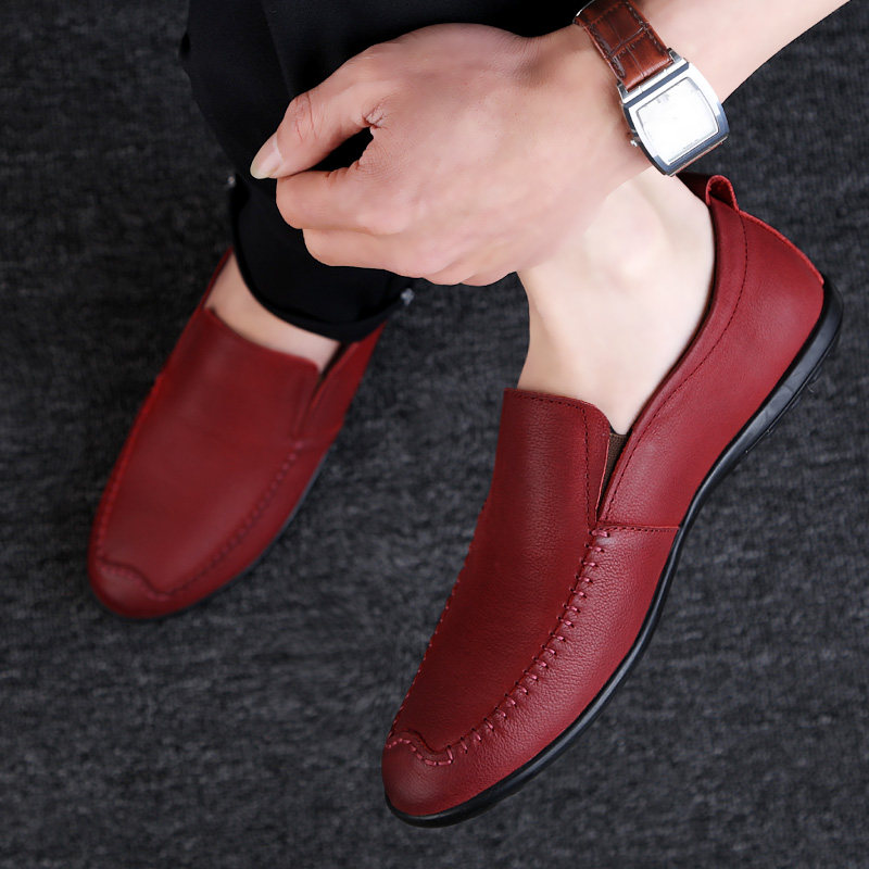 2021秋季休闲皮鞋男真皮软底豆豆鞋头层牛皮一脚蹬懒人鞋红色小码,流行男鞋,乐福鞋（豆豆鞋）,淘宝优惠券,粉丝福利购,淘宝优惠卷