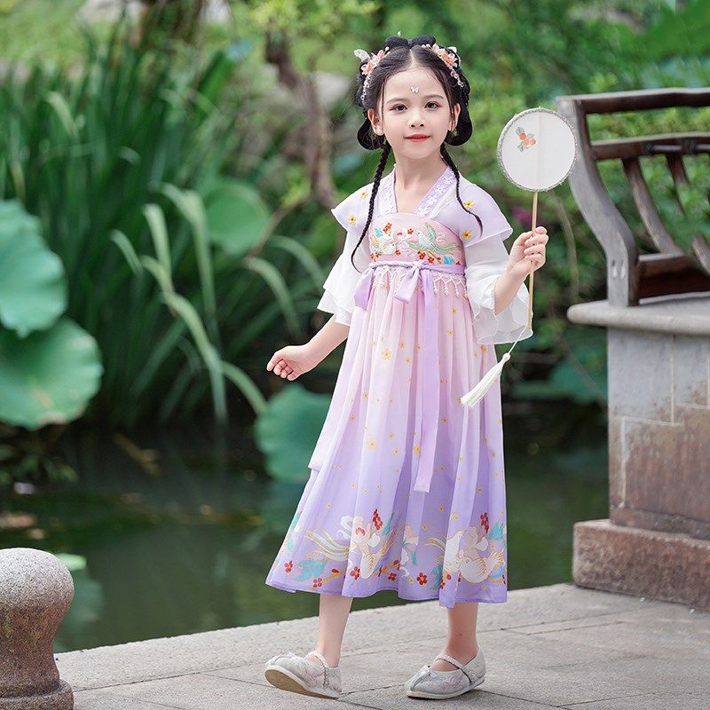 新品儿童汉服演出服胭脂妆桃花笑花蝴蝶有位姑娘春三月国风古典舞