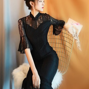 长款黑色蕾丝旗袍年会日常复古中国风G改良版鱼尾连衣裙春夏年轻