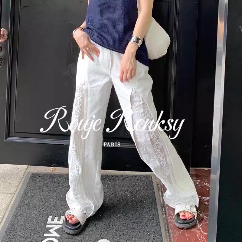 法国 法式小众蕾丝拼接白色牛仔裤女夏休闲直筒阔腿裤