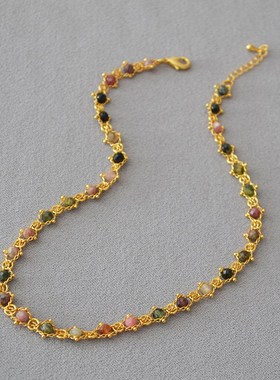 法式复古小众彩色碧m玺真石串珠链条编织黄铜镀金简约文艺气质项