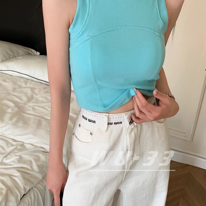 wu33带胸垫背心女夏短款设计感小众修身圆领外穿遮副乳显瘦上衣潮