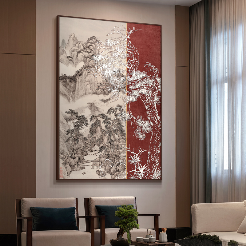 新中式玄关客厅浮雕肌理立体挂画餐厅走廊过道装饰画饭店竖版壁画图片