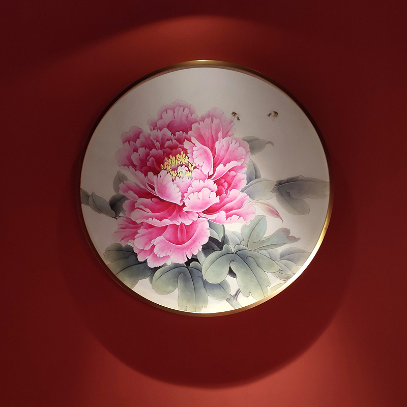 富贵牡丹花客厅挂画新中式金属圆形装饰画玄关餐厅卧室饭店墙壁画图片