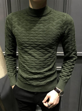 新款半高领毛衣男士秋冬加绒加厚打底针织衫冬季长袖内搭修身毛衫