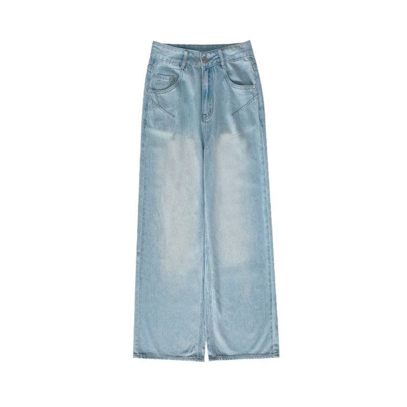 忠犬小八梨形自制浅蓝色直筒牛仔裤ins时尚纯棉宽松拖Z地长裤子女