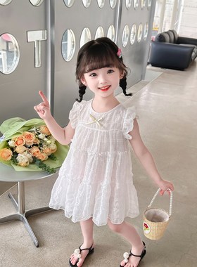 女童公主裙雪e纺连衣裙夏季凉快儿童白色蛋糕裙女宝宝小童飞袖裙