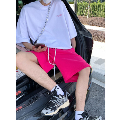 玫红色短裤男款夏季不过膝四分裤火龙果色多巴胺裤子直筒阔腿中裤
