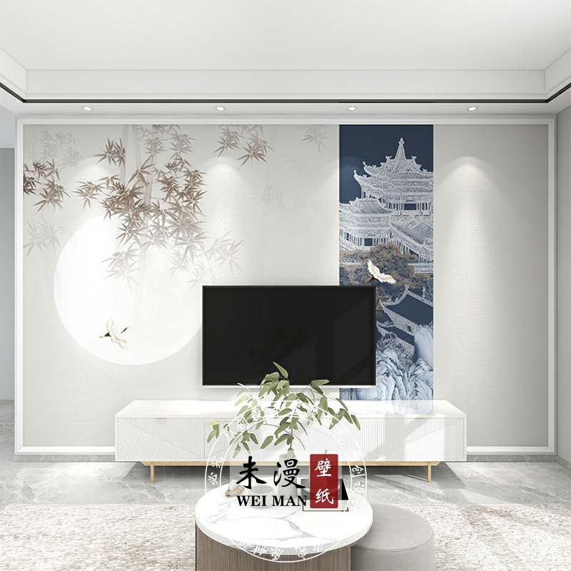 新中式阁楼仙鹤禅意装饰壁画电视机D沙发背景墙纸客厅卧室书房壁