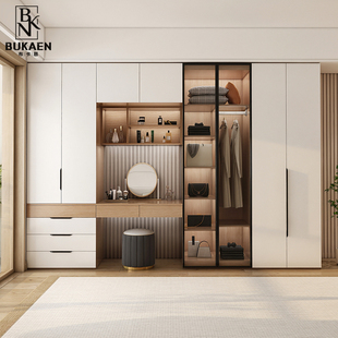 侘寂原木风衣柜家用卧室2米6带梳妆台一体2023新款网红实木衣橱