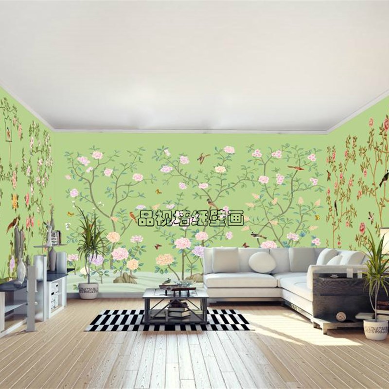 新中式电视背景墙纸客厅卧室无纺布壁纸手K绘花鸟欢乐国画沙发壁