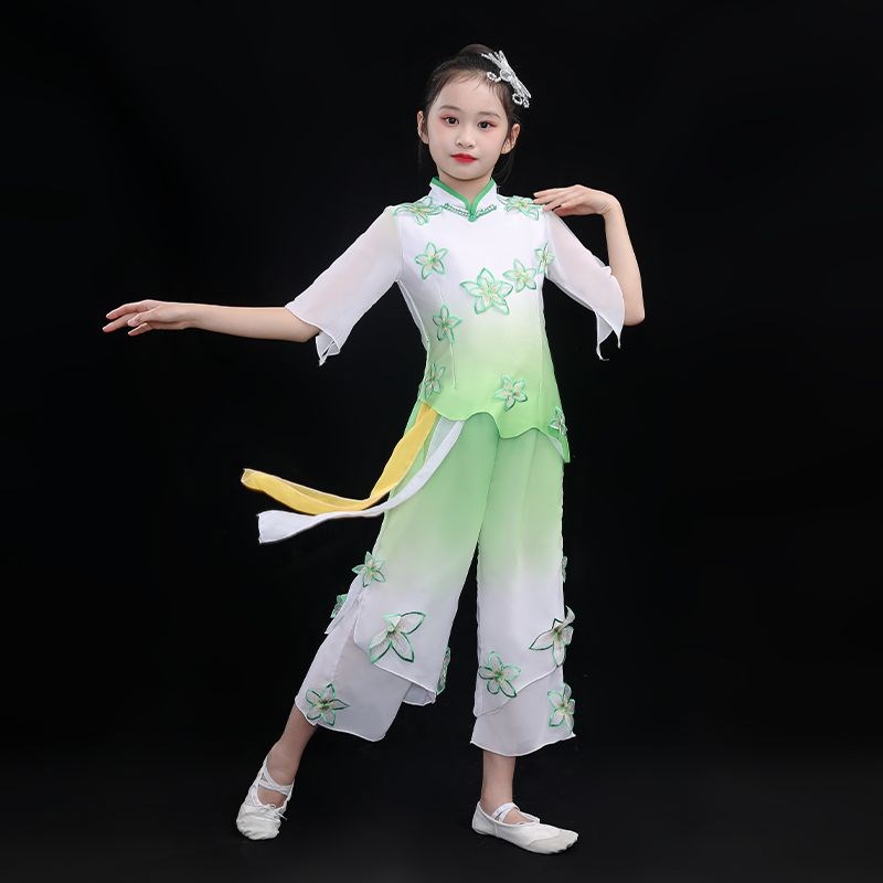 新款秧歌服绿色雨打芭蕉舞蹈服装扇子伞舞套装儿童古典舞演出服女