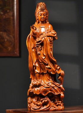 黑檀实木雕刻南海观音佛像摆件如意观世音菩萨神像供奉家用佛堂