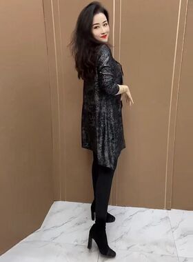2024春季新款时尚韩版洋气大版衫宽松遮肚子显瘦休闲中长款连衣裙