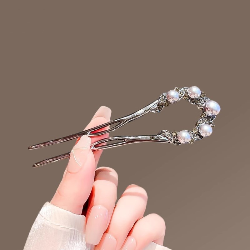 高级感珍珠水h钻发簪女小众设计感盘发簪子现代简约U型发钗插梳