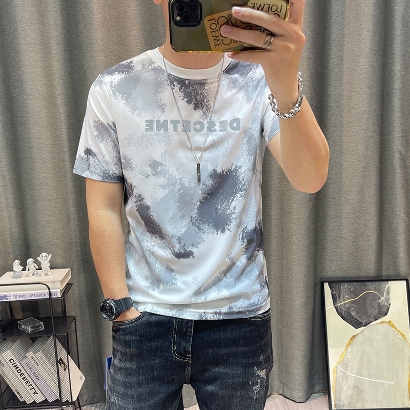 潮牌男夏季新款满身印花体恤衫修身半袖冰感男装衣服冰丝短袖t恤