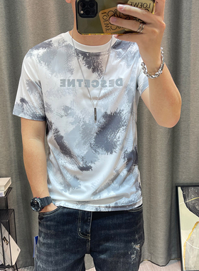 潮牌男夏季新款满身印花体恤衫修身半袖冰感男装衣服冰丝短袖t恤