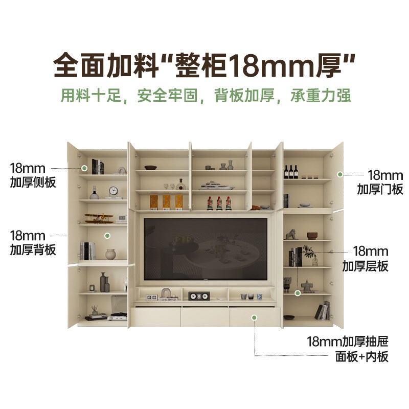 定制实木满墙电视柜85寸奶油白收纳储物一体客厅S家用靠墙边柜高