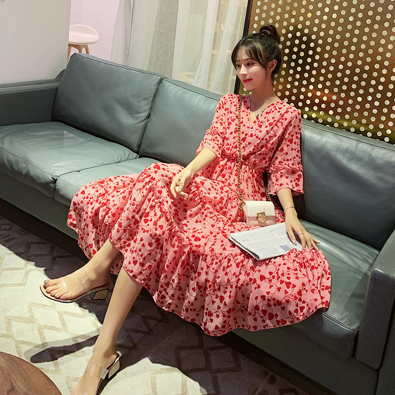 孕妇夏天裙子2020韩版中长款夏季碎花雪纺女夏装AW字裙孕妈连衣裙