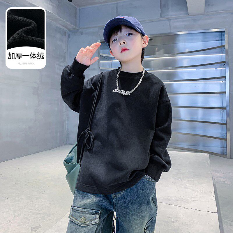 男童白色加绒T恤秋冬款2024新款韩版儿童装男孩冬季加厚打底衫潮