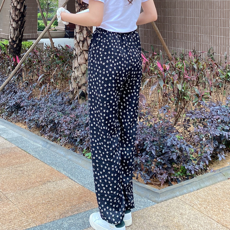 冰丝睡裤女夏季薄款可外穿防蚊小碎花雪纺长裤宽松丝绸家居空调裤
