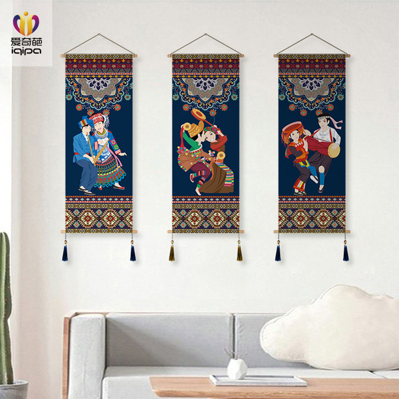 中式沙发背景墙挂画民族风民宿酒店壁画客厅装饰画布艺玄关挂画
