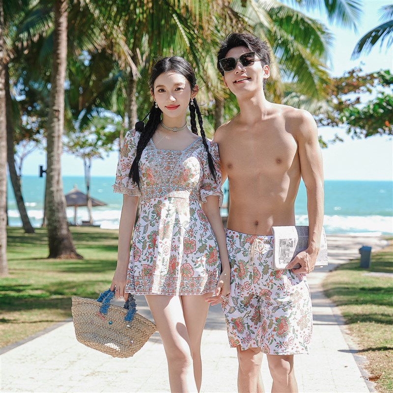情侣加大码泳衣女连体平角裙式大胸钢F托聚拢显瘦遮肚温泉沙滩裤