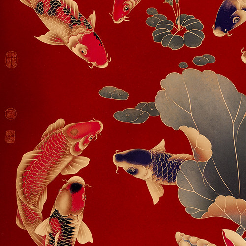 玄关画装饰画入户门走廊过道九鱼图竖幅中式国画铜版画连年有余财