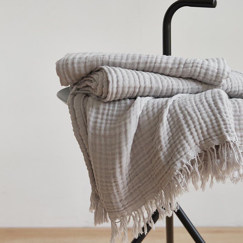 四层皱皱纱流苏毯子日式简约纯棉盖毯亲肤柔软婴儿宝宝午睡毯全棉